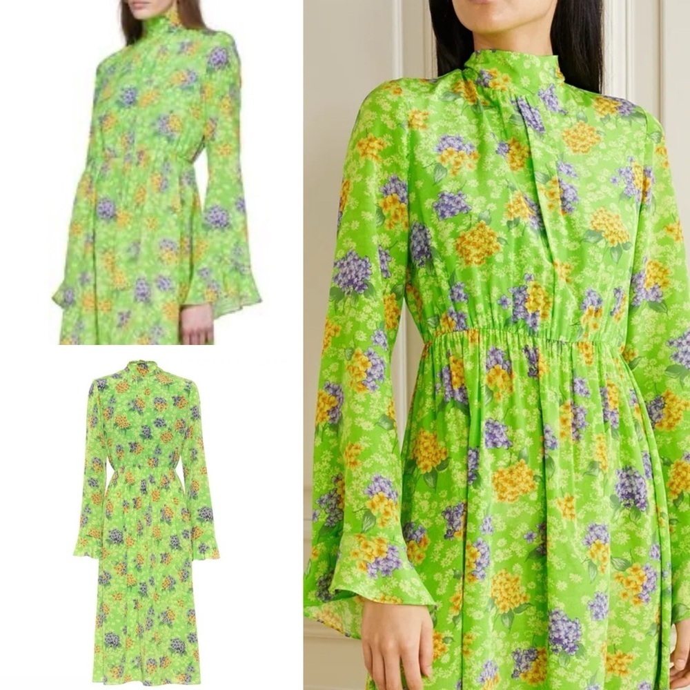 Les Reveries Silk Lime Green With‎ Purple & Gold Floral Print Midi Dress  6 EUC
